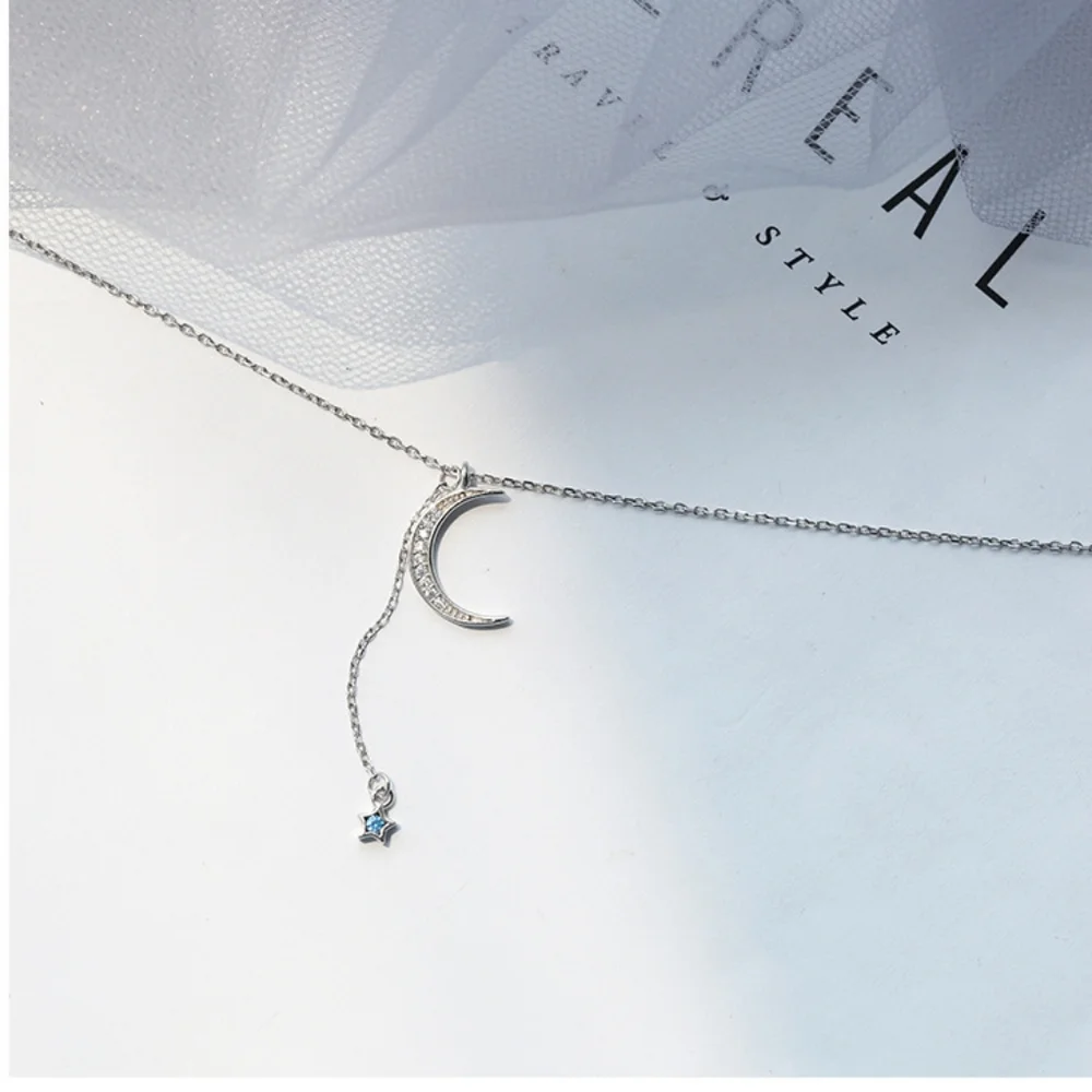 Pretty Silver Moon Blue Dangle Star Pendant Necklace - Picture 2 of 4